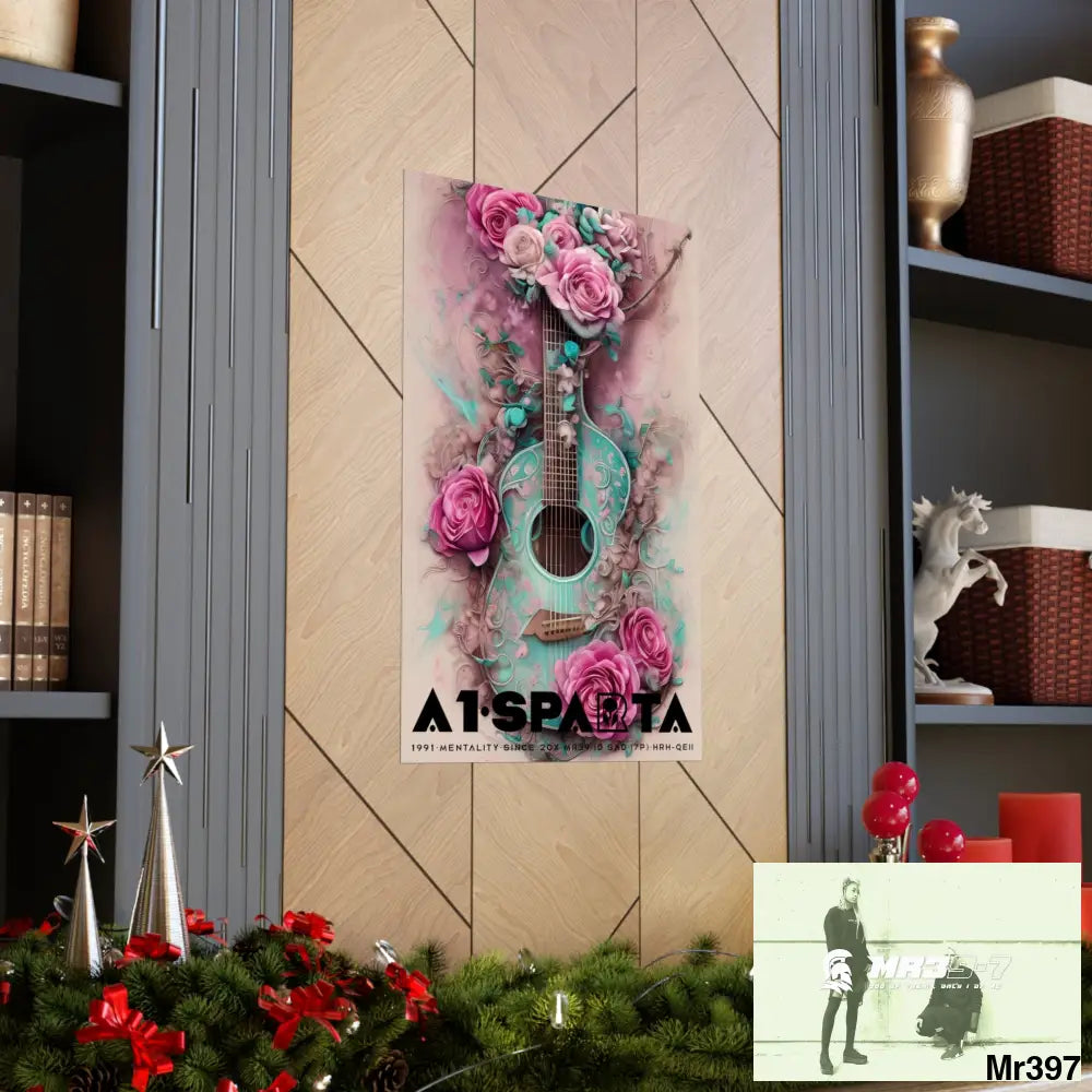 Black A1.Sparta with pink roses and guitar Matte Vertical Posters Poster