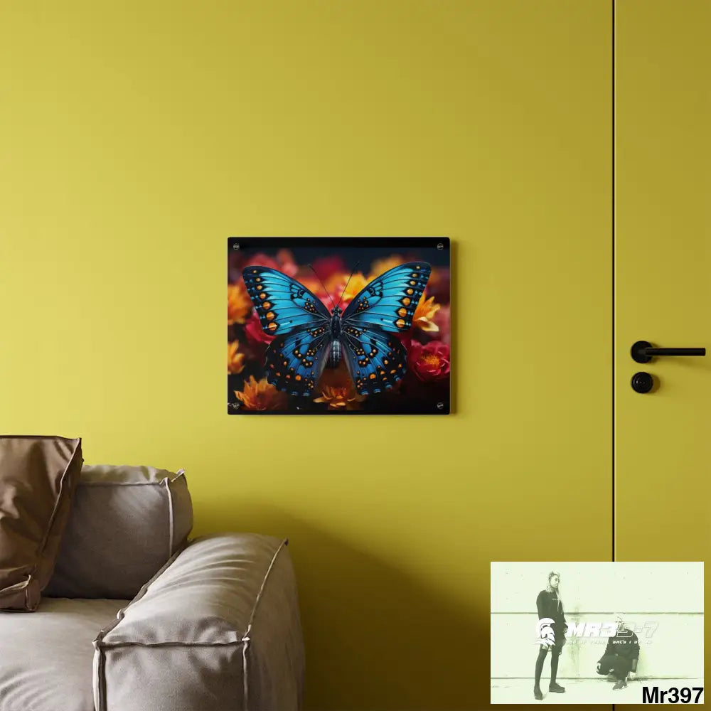 Blue Butterfly on Flower with Black and Orange Spots Acrylic Wall Art Panels Home Decor