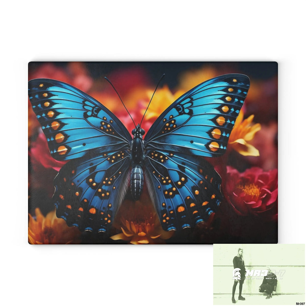 Blue Butterfly on flower with Black and Orange Spots Glass Cutting Board 11’’ x 15’’ / Rectangle Home Decor