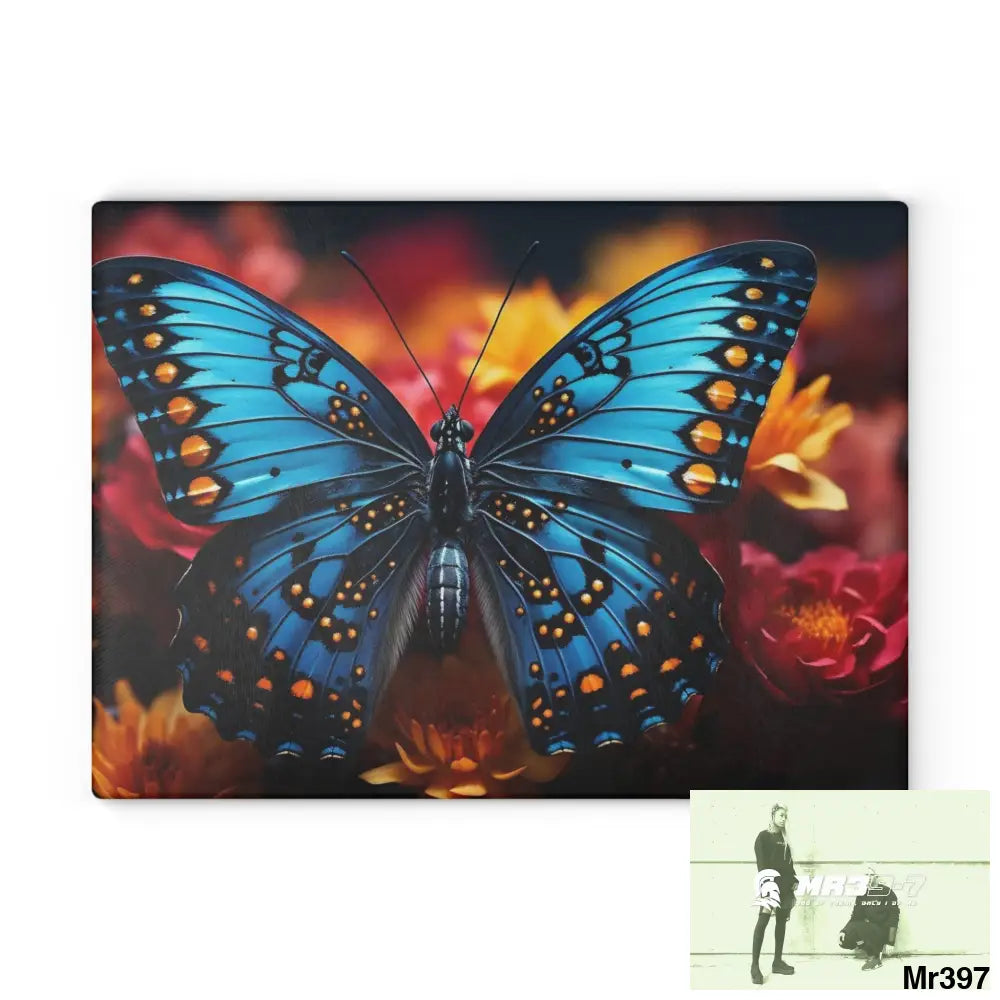 Blue Butterfly on flower with Black and Orange Spots Glass Cutting Board 11’’ x 15’’ / Rectangle Home Decor
