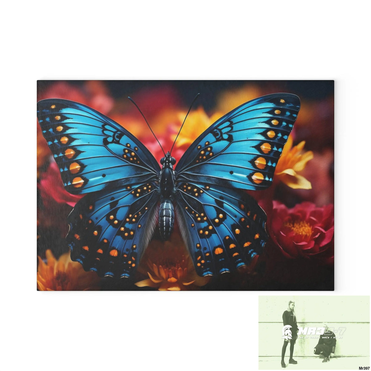 Blue Butterfly on flower with Black and Orange Spots Glass Cutting Board 8’’ x 11’’ / Rectangle Home Decor