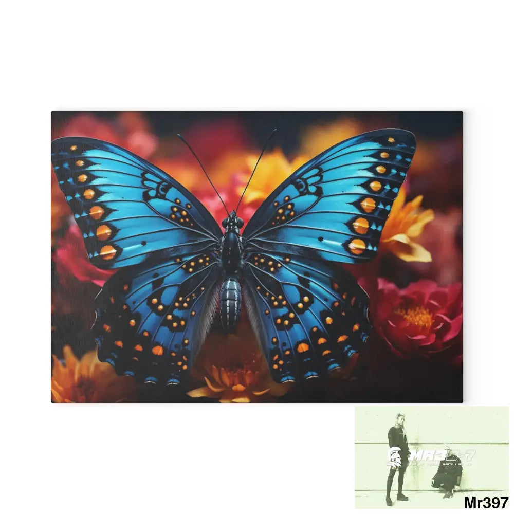 Blue Butterfly on flower with Black and Orange Spots Glass Cutting Board 8’’ x 11’’ / Rectangle Home Decor