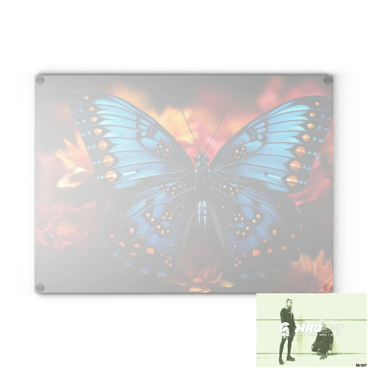Blue Butterfly on flower with Black and Orange Spots Glass Cutting Board Home Decor