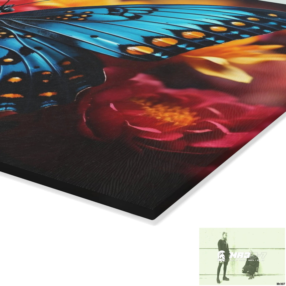 Blue Butterfly on flower with Black and Orange Spots Glass Cutting Board Home Decor