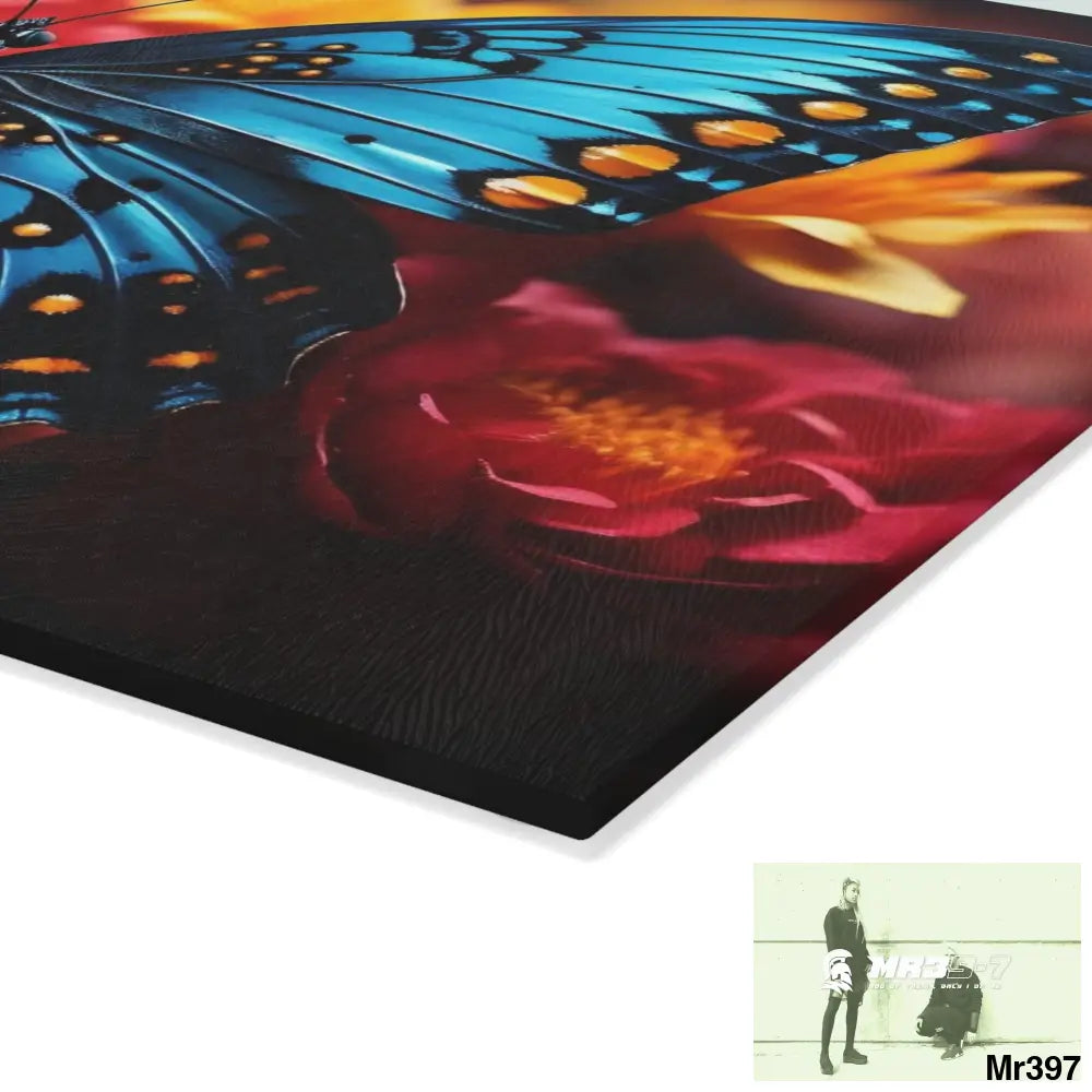 Blue Butterfly on flower with Black and Orange Spots Glass Cutting Board Home Decor