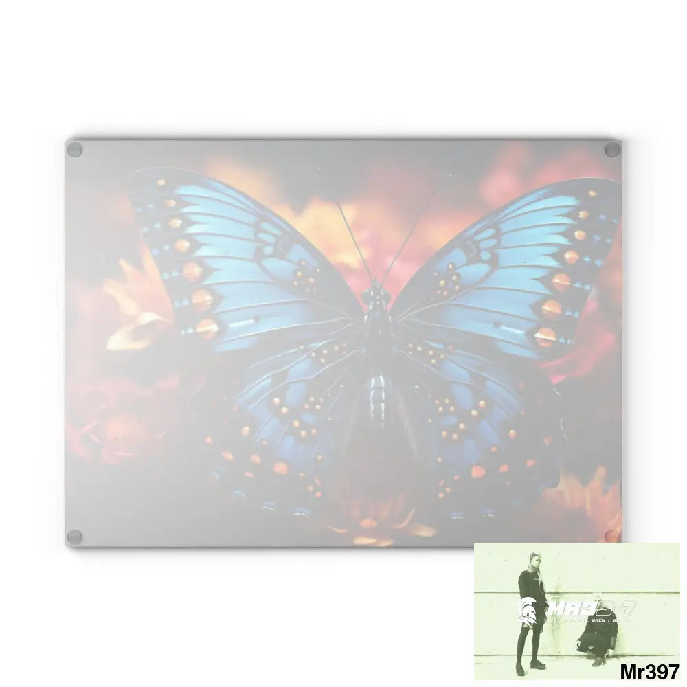 Blue Butterfly on flower with Black and Orange Spots Glass Cutting Board Home Decor