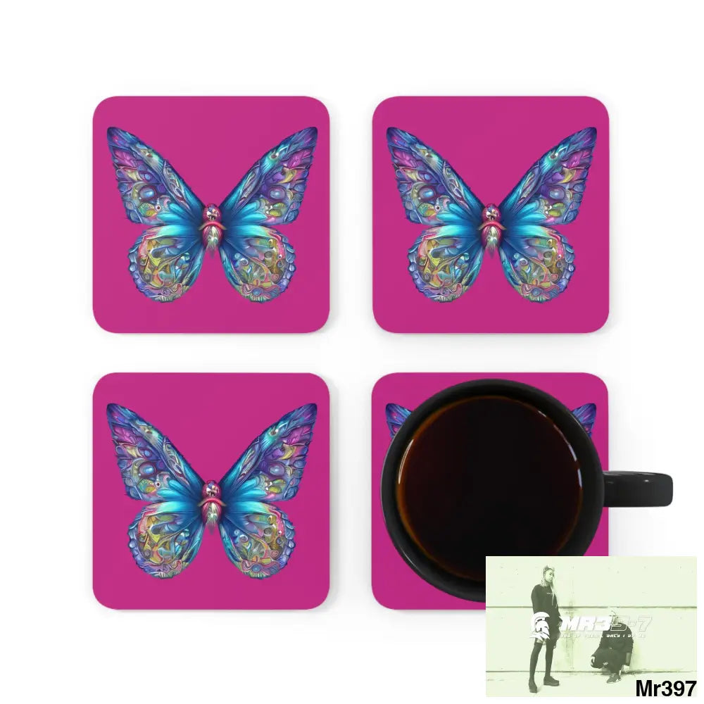 Butterfly Graphic water colour Coaster Set Cork / 3.75’’ × 3.75’’ / Square Home Decor