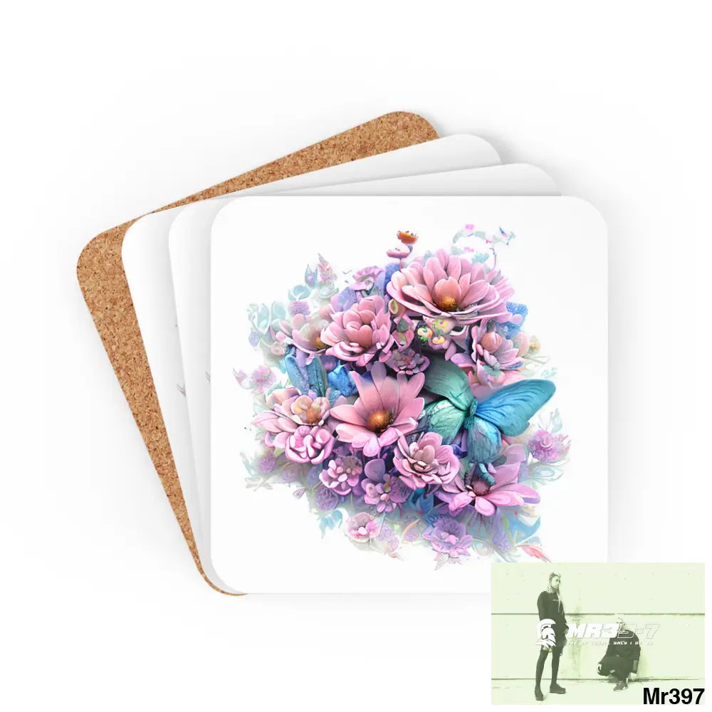 Butterfly pastel Graphic Corkwood Coaster Set Cork / 3.75’’ × 3.75’’ / Square Home Decor