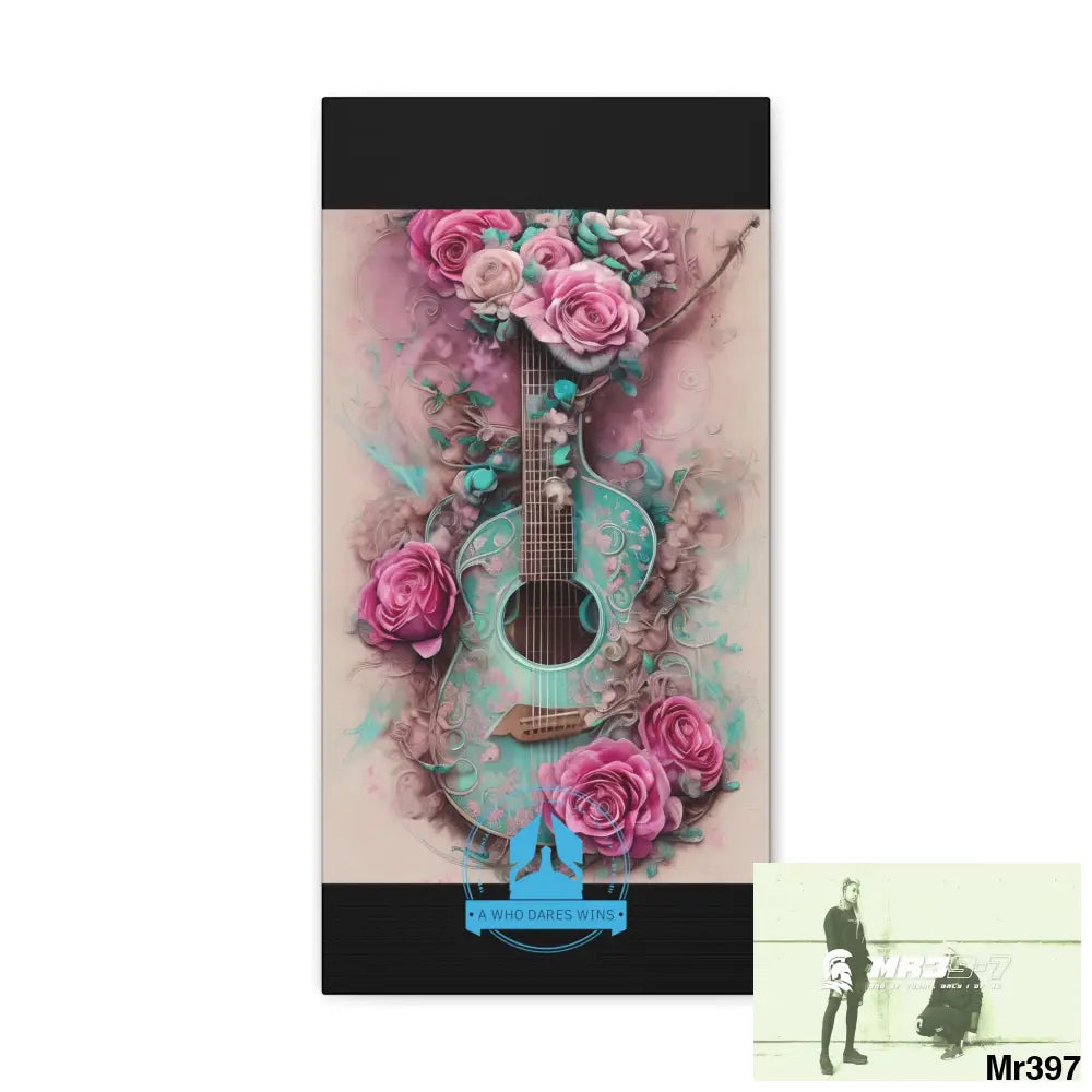 Canvas Gallery Wraps A Who Dares Wins Pink Roses & Guitar 10″ x 20″ / Premium Gallery Wraps (1.25″) Canvas