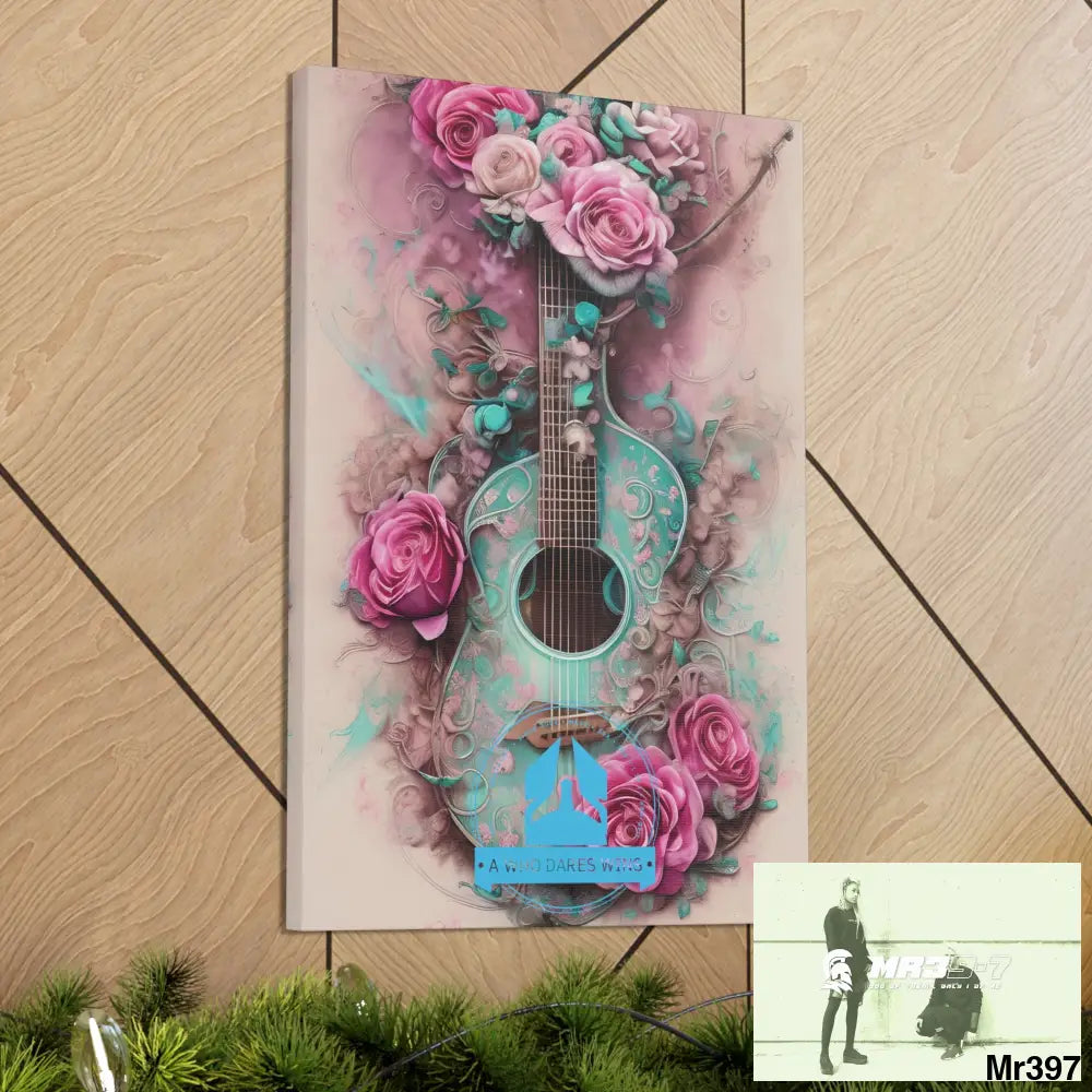 Canvas Gallery Wraps A Who Dares Wins Pink Roses & Guitar Canvas