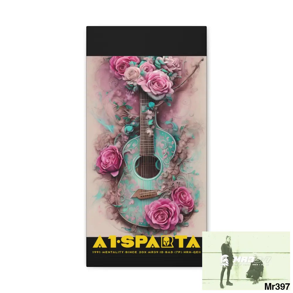 Canvas Gallery Wraps A1.Sparta Pink Roses & Guitar 10″ x 20″ / Premium Gallery Wraps (1.25″) Canvas