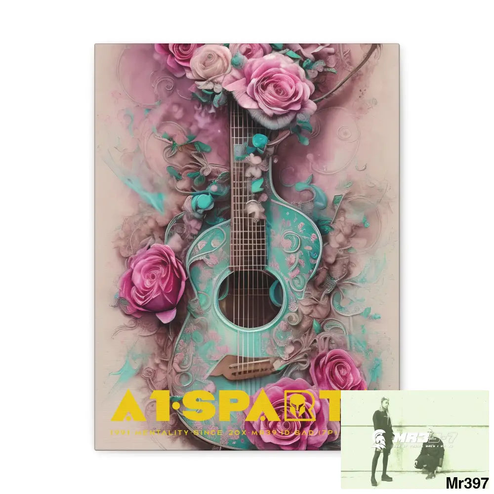 Canvas Gallery Wraps A1.Sparta Pink Roses & Guitar 12″ x 16″ / Premium Gallery Wraps (1.25″) Canvas