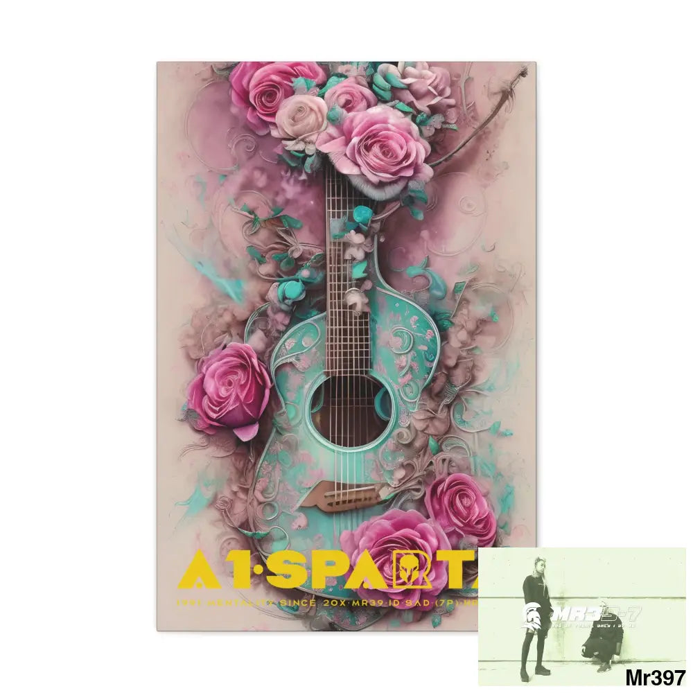 Canvas Gallery Wraps A1.Sparta Pink Roses & Guitar 20″ x 30″ / Premium Gallery Wraps (1.25″) Canvas