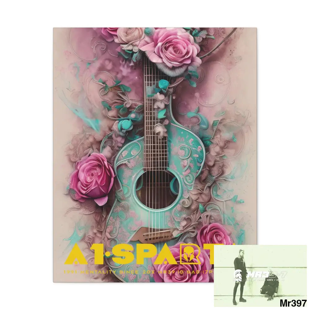 Canvas Gallery Wraps A1.Sparta Pink Roses & Guitar 24″ x 30″ / Premium Gallery Wraps (1.25″) Canvas