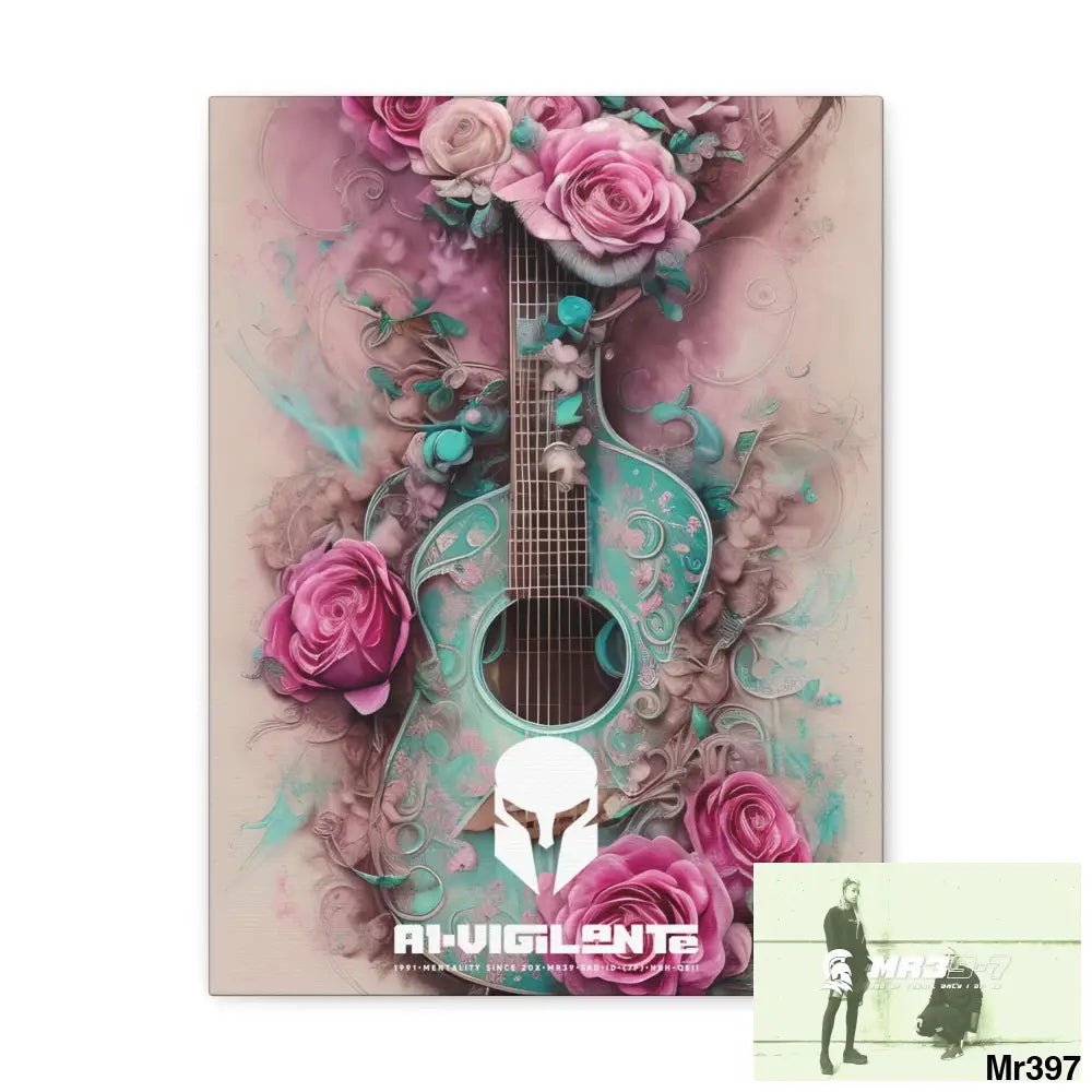 Canvas Gallery Wraps A1Sparta Pink Roses & Guitar 12″ x 16″ / Premium Gallery Wraps (1.25″) Canvas
