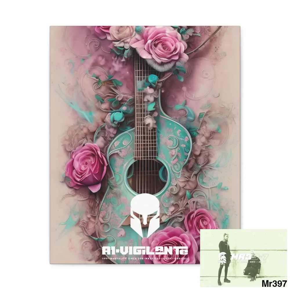 Canvas Gallery Wraps A1Sparta Pink Roses & Guitar 16″ x 20″ / Premium Gallery Wraps (1.25″) Canvas