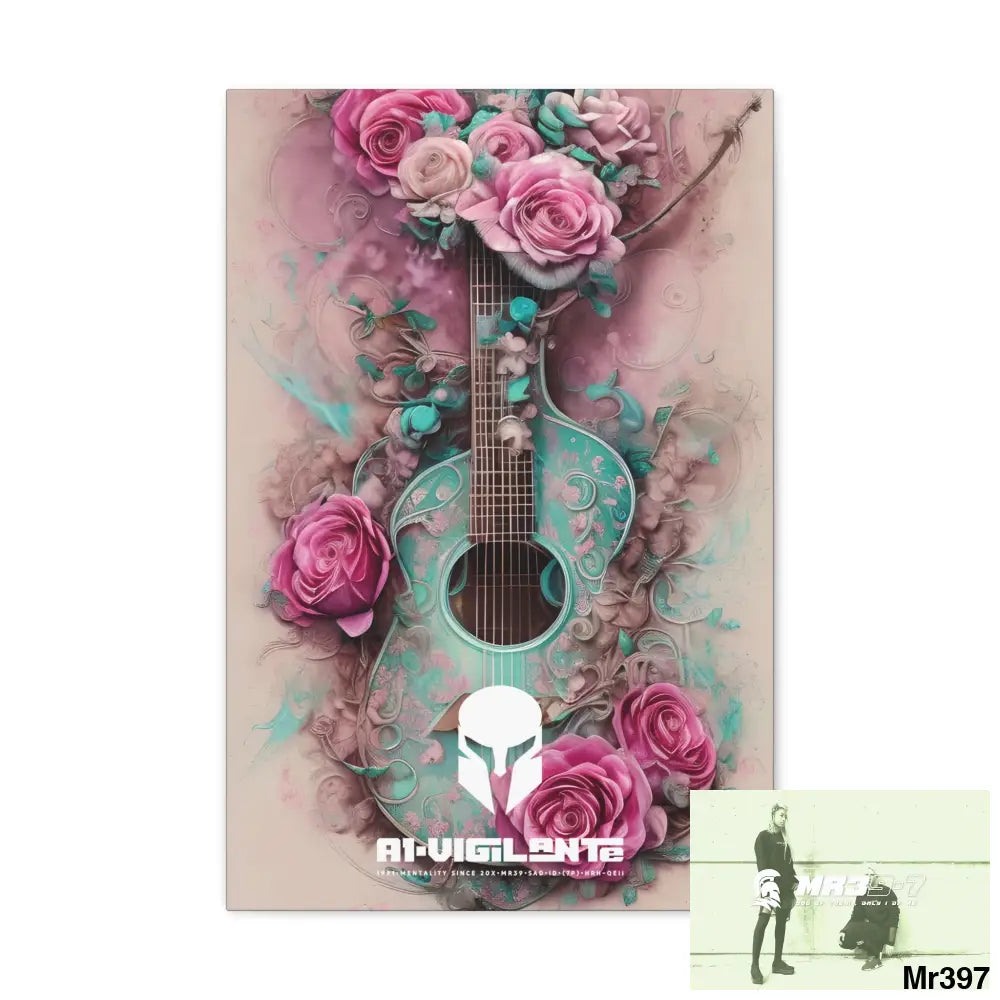 Canvas Gallery Wraps A1Sparta Pink Roses & Guitar 16″ x 24″ / Premium Gallery Wraps (1.25″) Canvas