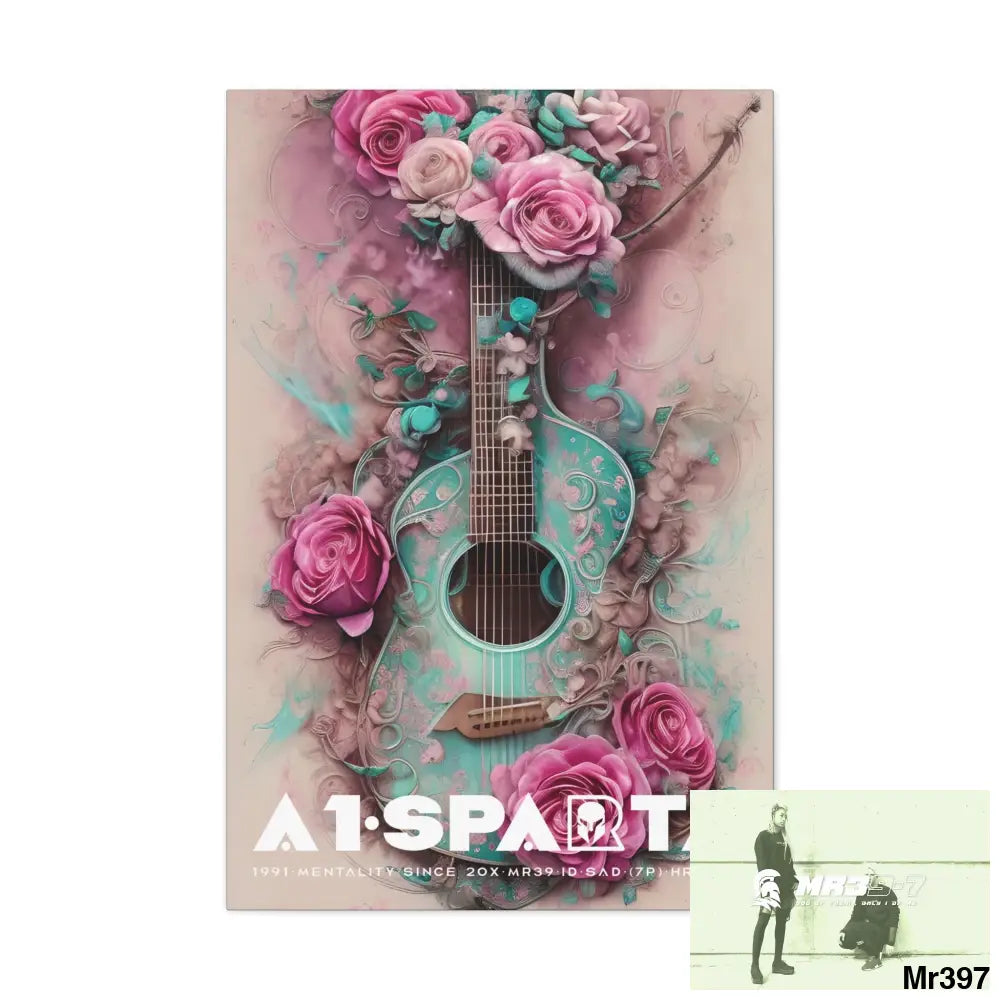Canvas Gallery Wraps A1Sparta Pink Roses & Guitar 24″ x 36″ / Premium Gallery Wraps (1.25″) Canvas