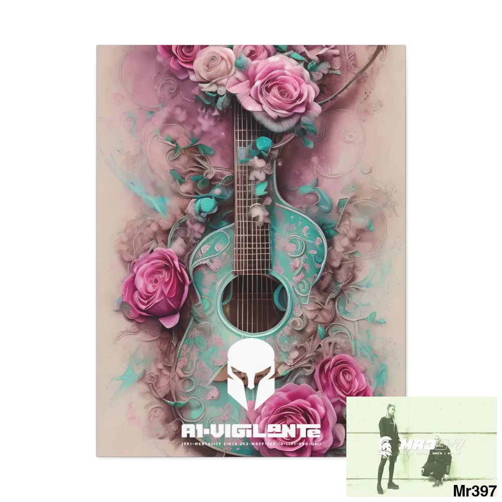 Canvas Gallery Wraps A1Sparta Pink Roses & Guitar 30″ x 40″ / Premium Gallery Wraps (1.25″) Canvas