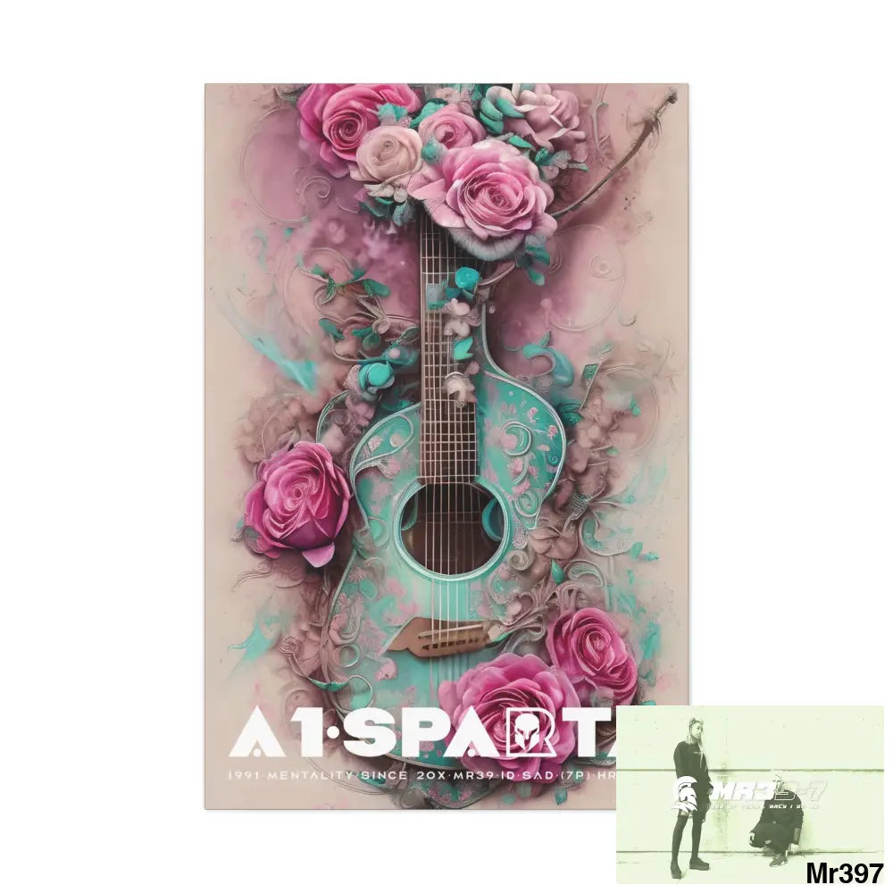 Canvas Gallery Wraps A1Sparta Pink Roses & Guitar 32″ x 48″ / Premium Gallery Wraps (1.25″) Canvas