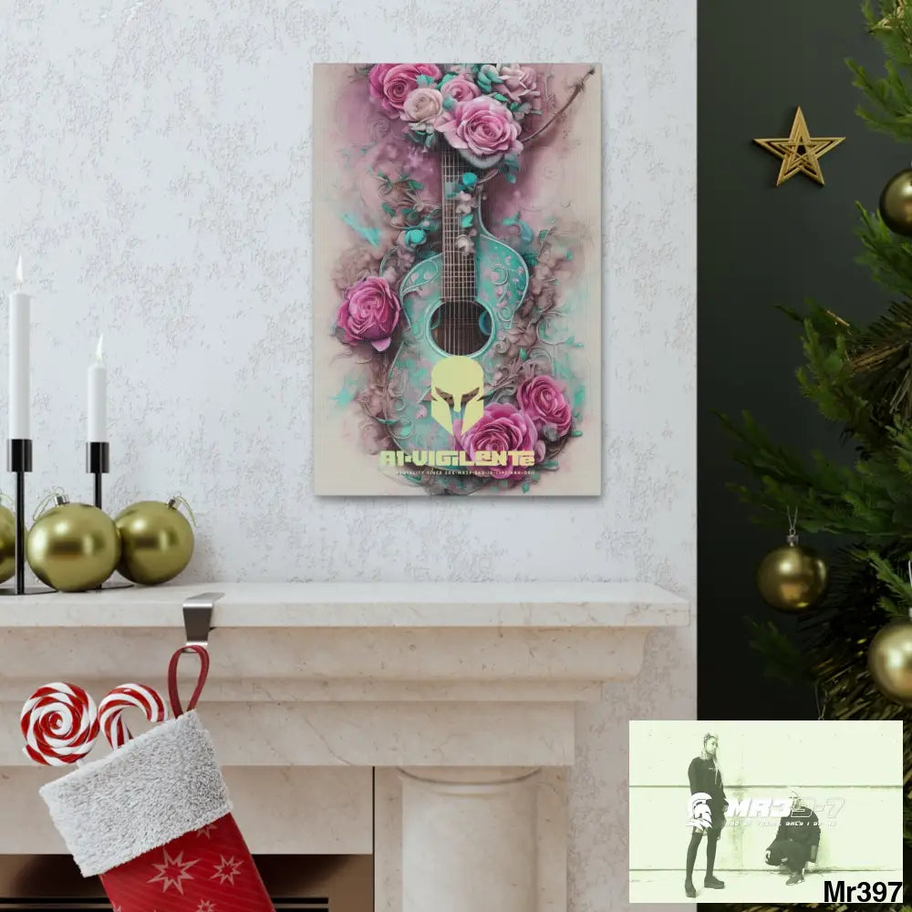 Canvas Gallery Wraps A1Vigilante Pink Roses & Guitar Canvas