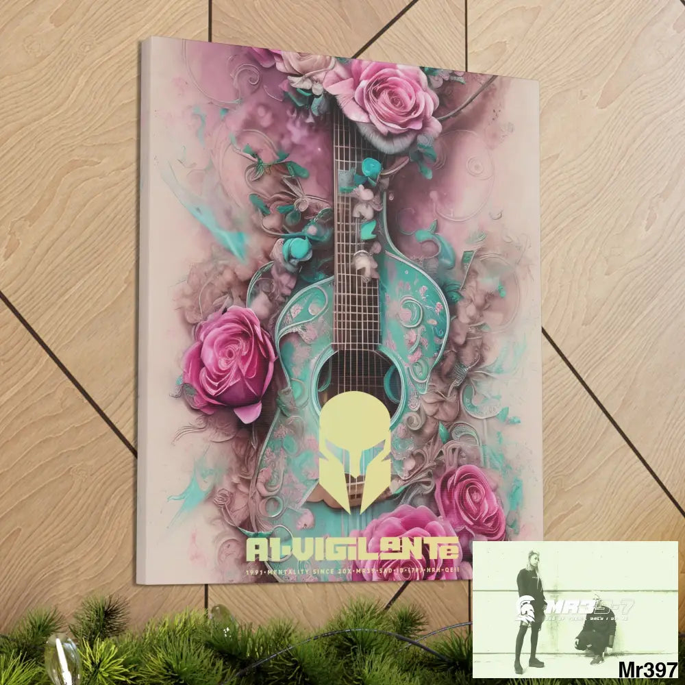 Canvas Gallery Wraps A1Vigilante Pink Roses & Guitar Canvas
