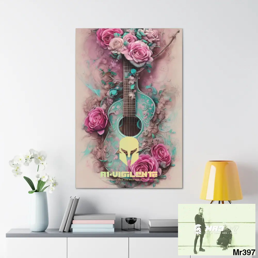 Canvas Gallery Wraps A1Vigilante Pink Roses & Guitar Canvas