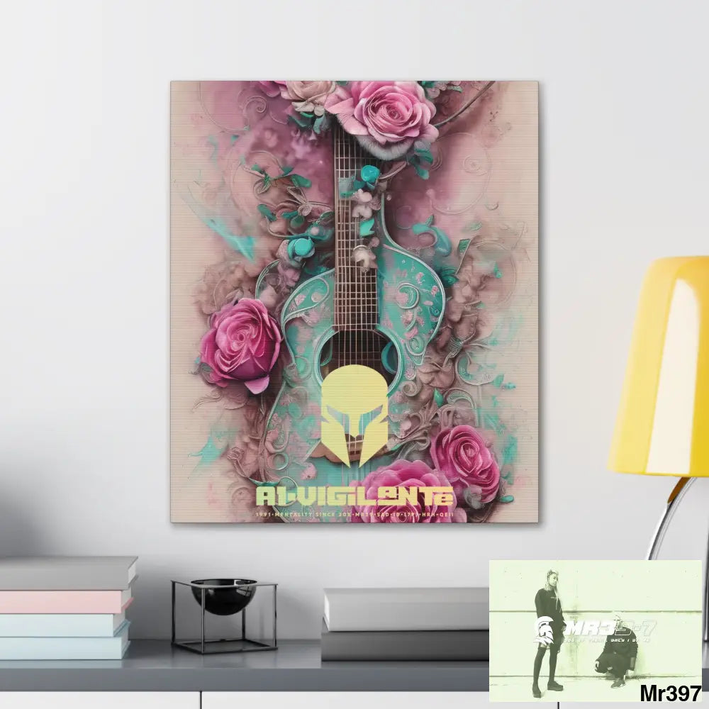 Canvas Gallery Wraps A1Vigilante Pink Roses & Guitar Canvas