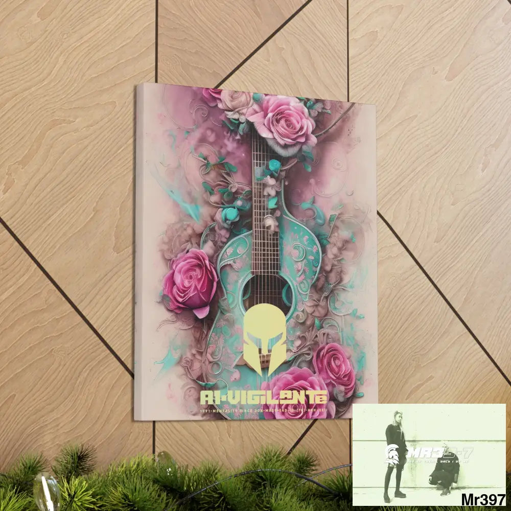 Canvas Gallery Wraps A1Vigilante Pink Roses & Guitar Canvas