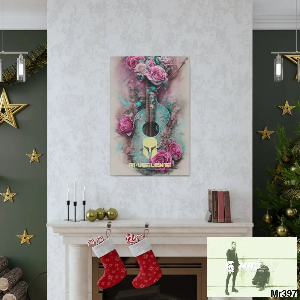 Canvas Gallery Wraps A1Vigilante Pink Roses & Guitar Canvas