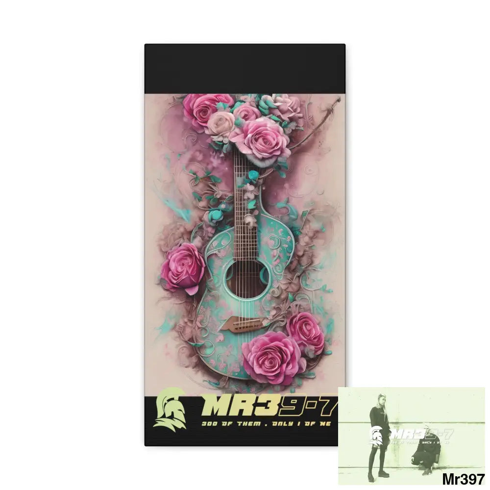 Canvas Gallery Wraps MR39 Pink Roses & Guitar 10″ x 20″ / Premium Gallery Wraps (1.25″) Canvas