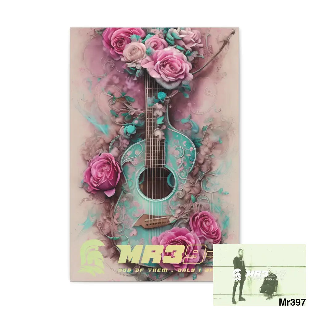 Canvas Gallery Wraps MR39 Pink Roses & Guitar 16″ x 24″ / Premium Gallery Wraps (1.25″) Canvas