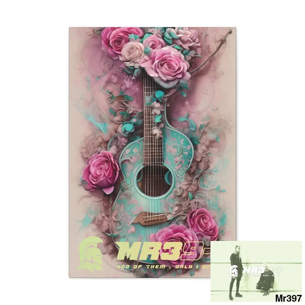 Canvas Gallery Wraps MR39 Pink Roses & Guitar 20″ x 30″ / Premium Gallery Wraps (1.25″) Canvas