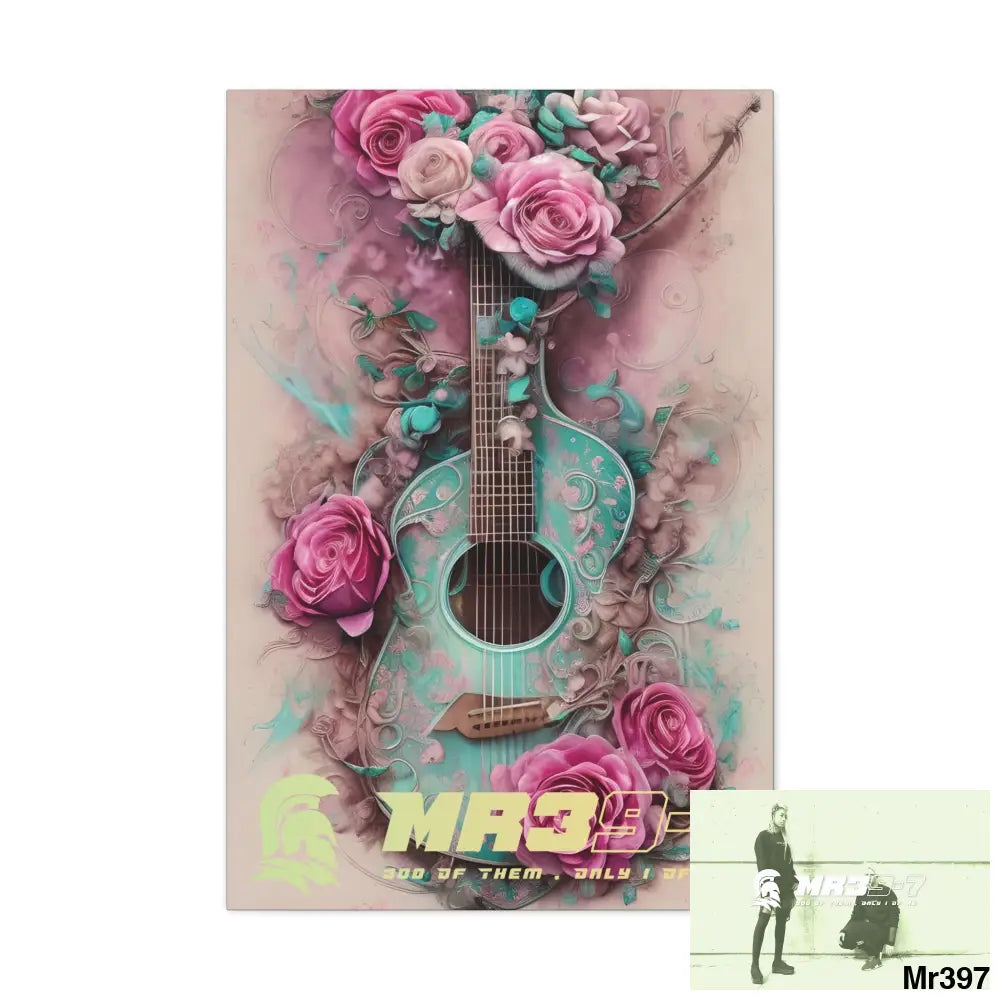 Canvas Gallery Wraps MR39 Pink Roses & Guitar 24″ x 36″ / Premium Gallery Wraps (1.25″) Canvas