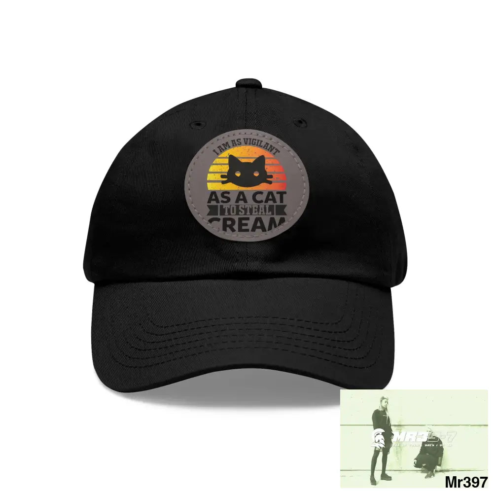 Cat got the cream Dad Hat with Leather Patch (Round) Black / Grey patch / Circle / One size Hats