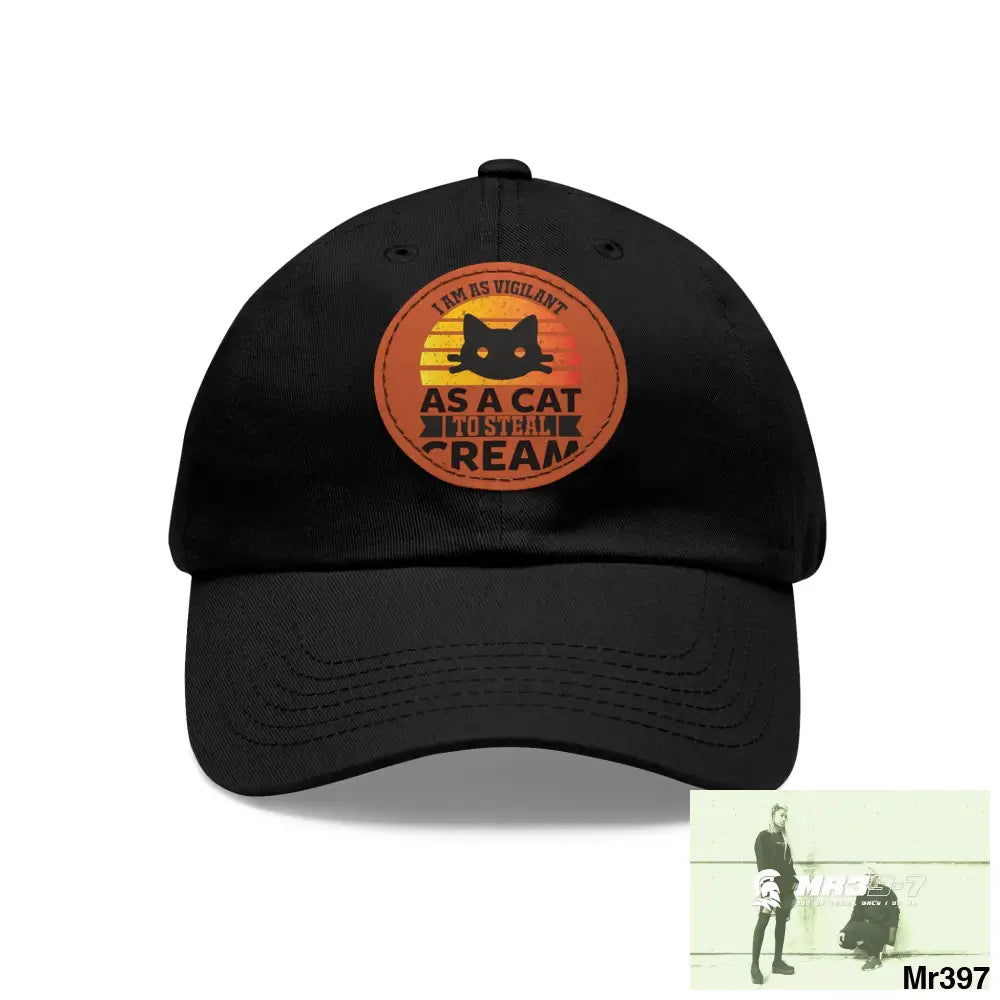 Cat got the cream Dad Hat with Leather Patch (Round) Black / Light Brown / Circle / One size Hats