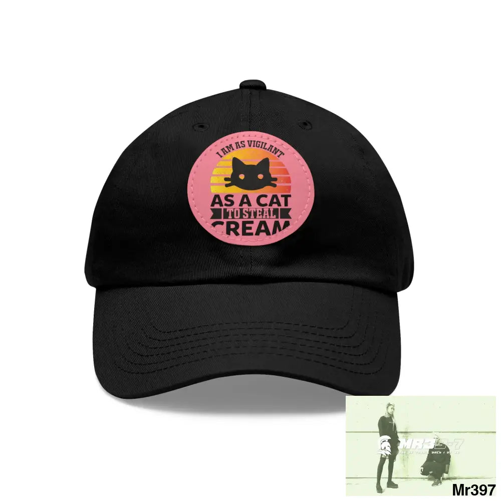 Cat got the cream Dad Hat with Leather Patch (Round) Black / Pink patch / Circle / One size Hats