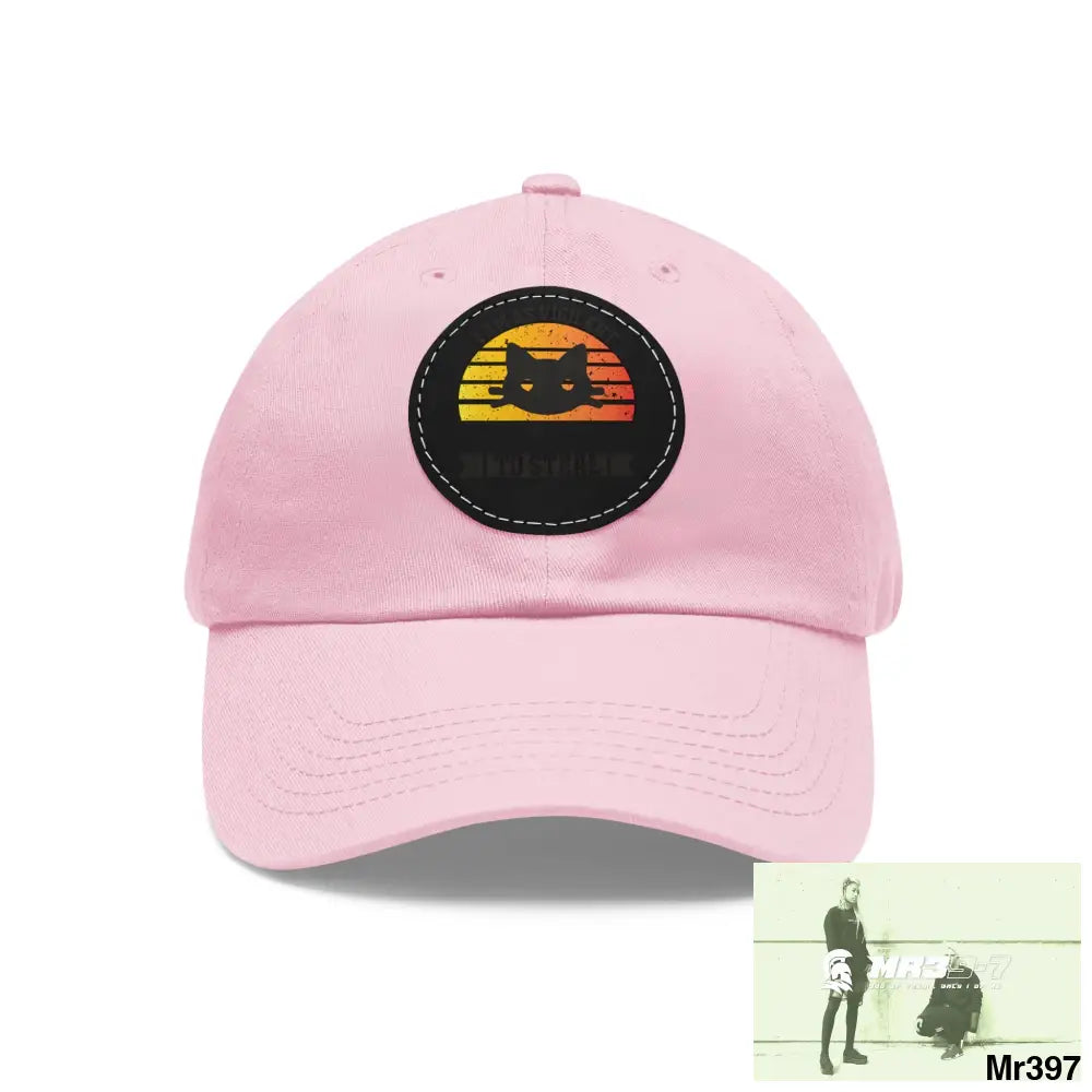 Cat got the cream Dad Hat with Leather Patch (Round) Light Pink / Black patch / Circle / One size Hats