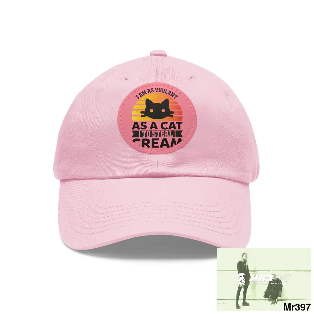 Cat got the cream Dad Hat with Leather Patch (Round) Light Pink / Pink patch / Circle / One size Hats