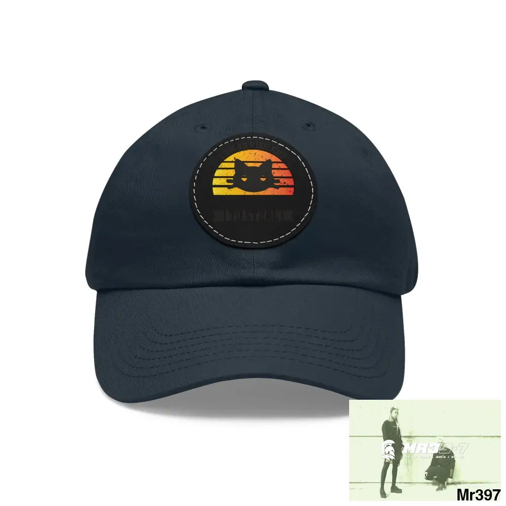 Cat got the cream Dad Hat with Leather Patch (Round) Navy / Black patch / Circle / One size Hats