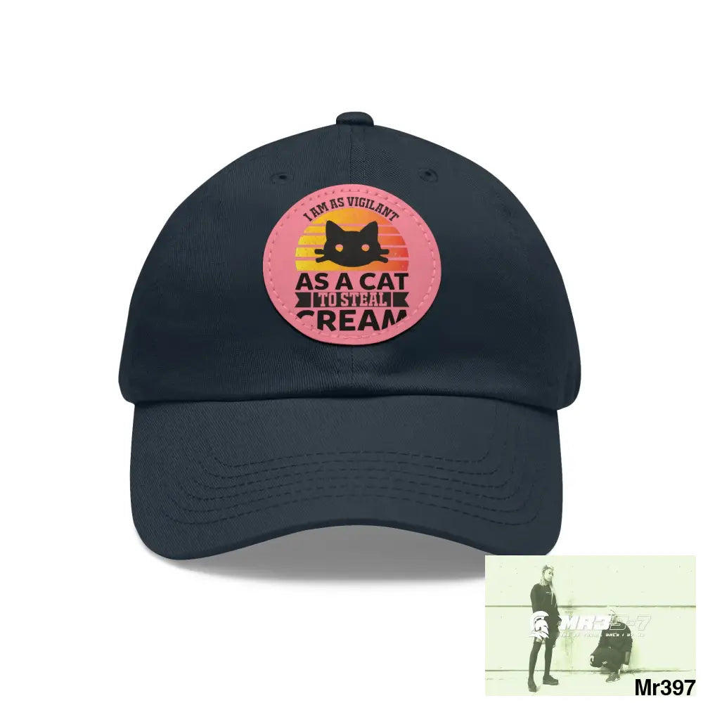 Cat got the cream Dad Hat with Leather Patch (Round) Navy / Pink patch / Circle / One size Hats