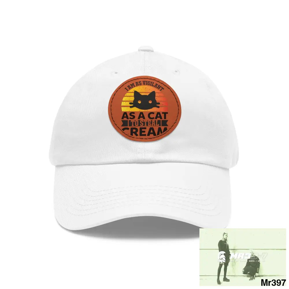 Cat got the cream Dad Hat with Leather Patch (Round) White / Light Brown patch / Circle / One size Hats