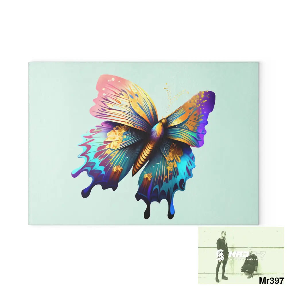 Colourful Butterfly with gold glitter Glass Cutting Board 8’’ x 11’’ / Rectangle Home Decor
