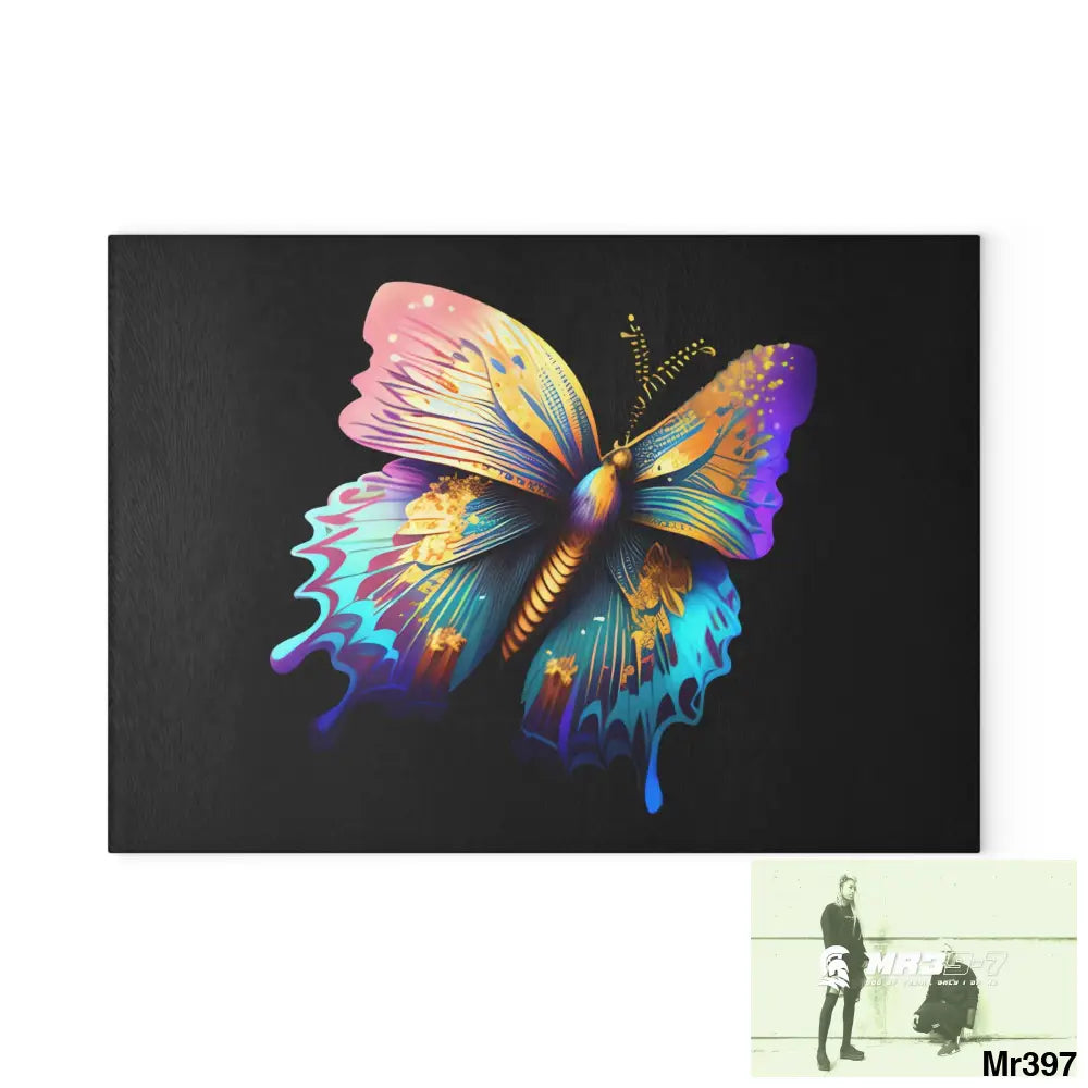 Colourful Butterfly with gold glitter Glass Cutting Board 8’’ x 11’’ / Rectangle Home Decor