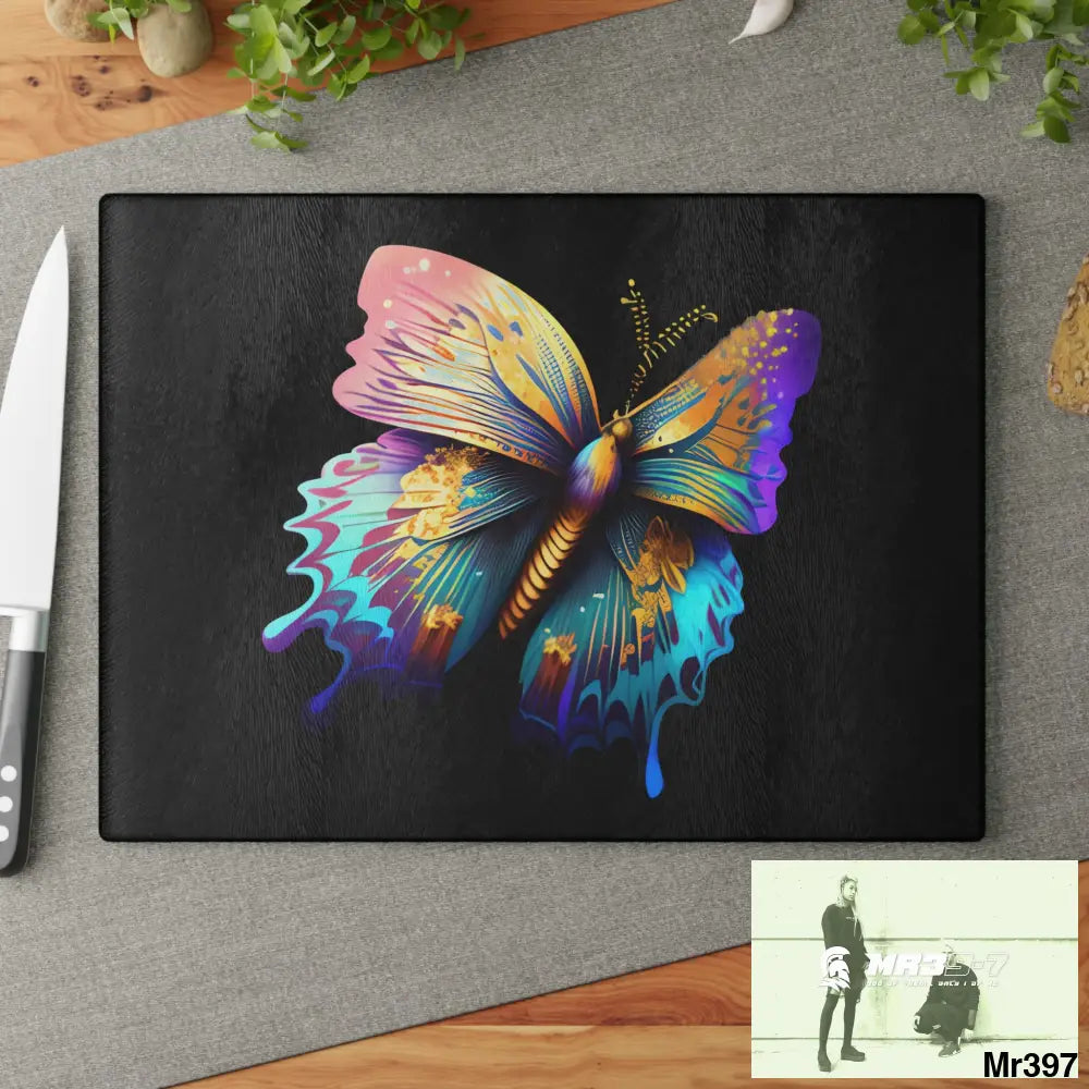 Colourful Butterfly with gold glitter Glass Cutting Board Home Decor