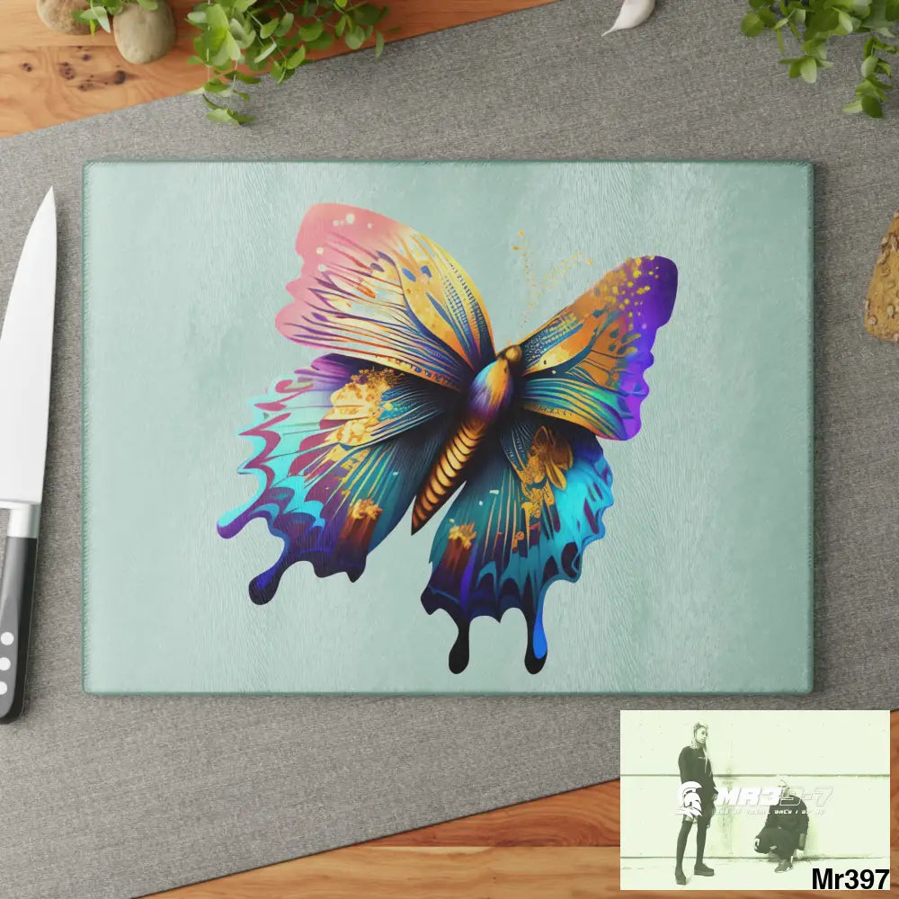Colourful Butterfly with gold glitter Glass Cutting Board Home Decor