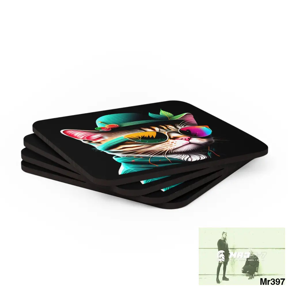 Colourful cool cat in shades Corkwood Coaster Set Cork / 3.75’’ × 3.75’’ / Square Home Decor