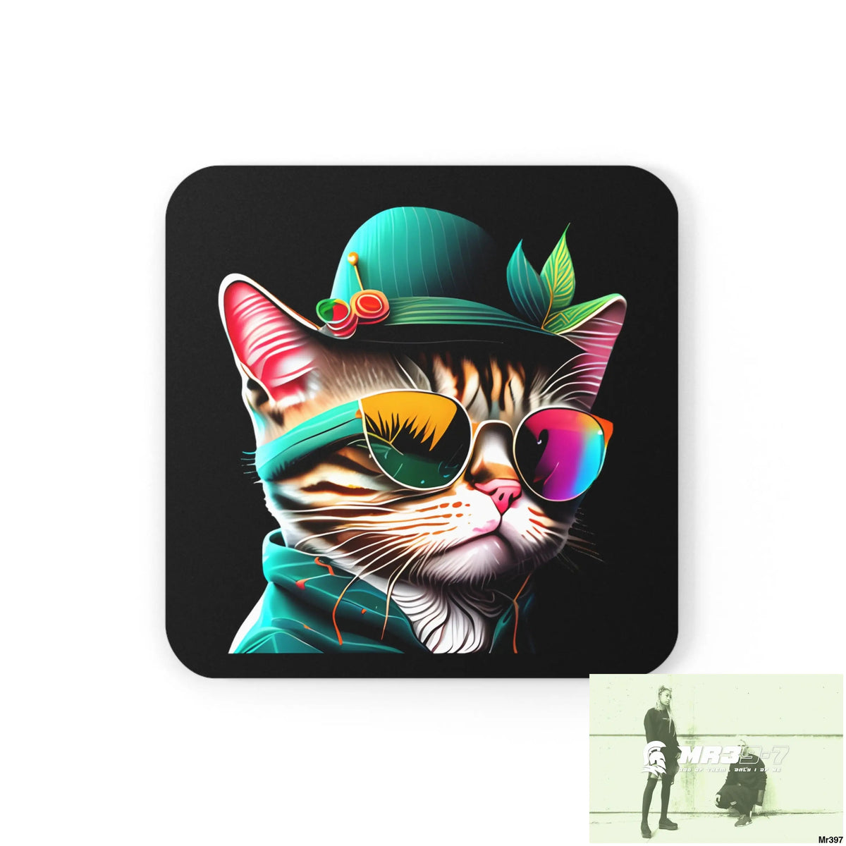 Colourful cool cat in shades Corkwood Coaster Set Cork / 3.75’’ × 3.75’’ / Square Home Decor