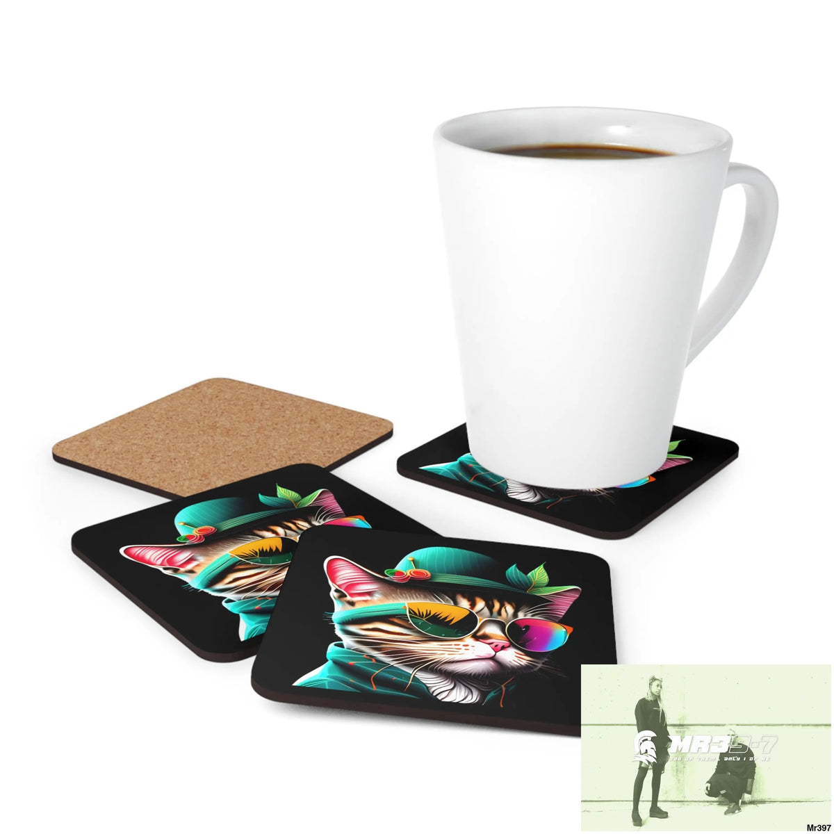 Colourful cool cat in shades Corkwood Coaster Set Cork / 3.75’’ × 3.75’’ / Square Home Decor