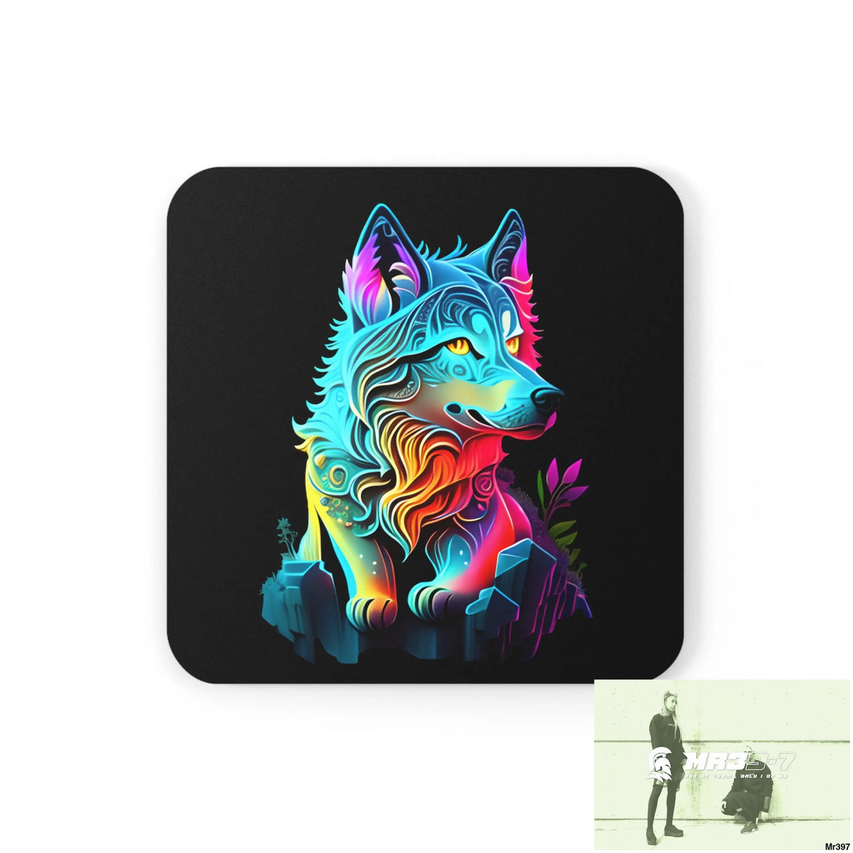Colourful Glowing Wolf Corkwood Coaster Set Cork / 3.75’’ × 3.75’’ / Square Home Decor